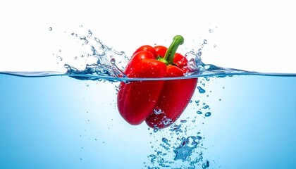 Red bell pepper splashing into water with bubbles and ripples on gradient white-blue background