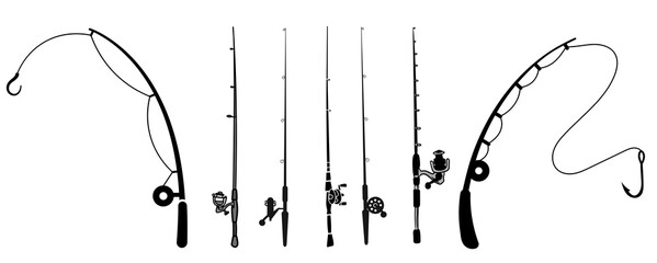 Collection fishing rod and reel icons showing various bends isolated