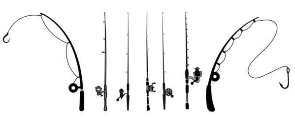 Collection fishing rod and reel icons showing various bends isolated