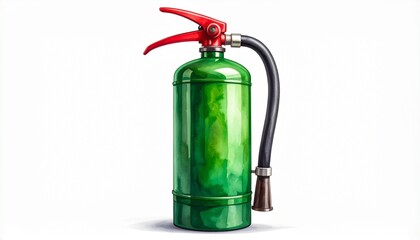 Green fire extinguisher with red handle and black hose standing upright against white background in stylized setup