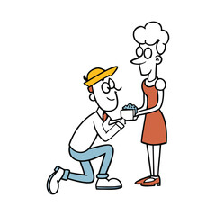 A sweet line art proposal cartoon showing a shy groom kneeling with a ring, the blushing bride-to-be surprised and smiling, all drawn in simple, cute, heartwarming strokes.
