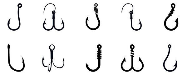 Collection various fishing hook silhouettes isolated
