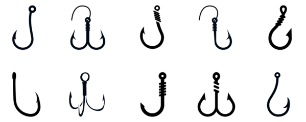 Collection various fishing hook silhouettes isolated