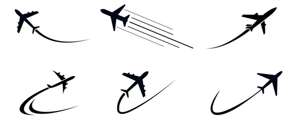 Set black airplane icons showing flight path and movement isolated