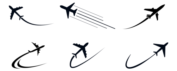 Set black airplane icons showing flight path and movement isolated
