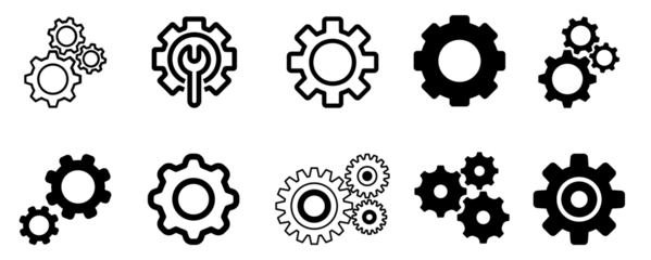 Collection various gear and cog icons for settings or engineering concept isolated
