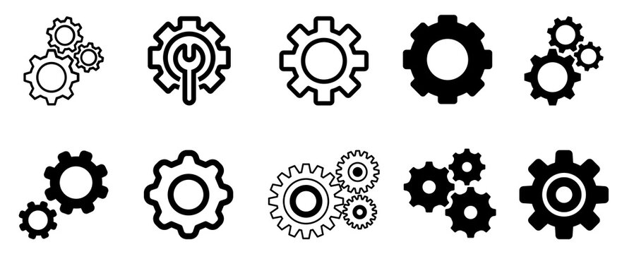Collection various gear and cog icons for settings or engineering concept isolated