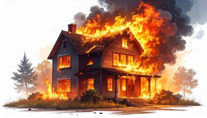 Two-story house engulfed in flames with thick smoke rising, surrounded by trees and dry grass in intense fire scene