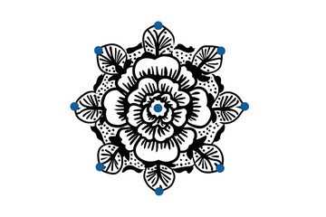 Black and White Floral Design with Blue Accents Featuring a Detailed Rose and Leaf Pattern for Creative Projects