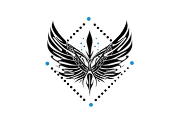 Abstract black and blue phoenix design with intricate wings and geometric elements on a clean white background