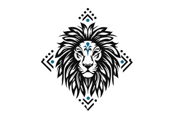 Artistic Lion Head with Intricate Patterns and Bold Blue Accents Set Against a Clean Background