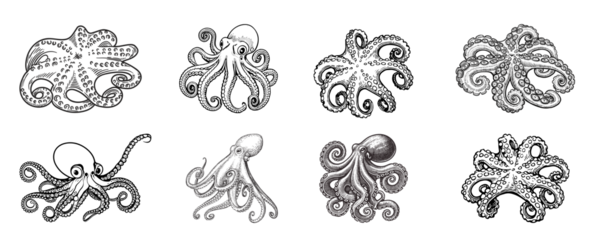 Set hand drawn octopus illustrations in black and white isolated