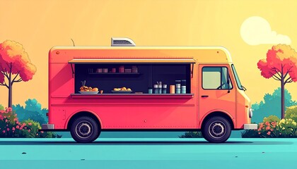 Colorful food truck with yellow and turquoise body, striped awning, and coffee setup parked in scenic outdoor location