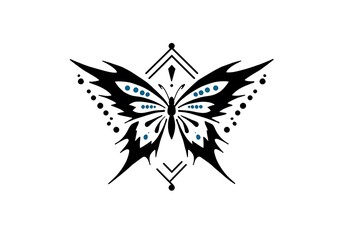 Artistic black and blue butterfly illustration with intricate designs and geometric elements for creative projects
