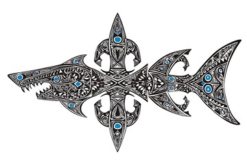 Artistic tribal tattoo design featuring intricate shark motif with blue accents and detailed patterns suitable for various uses