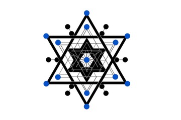 Abstract geometric star design with interconnected lines and colorful dots in black and blue tones