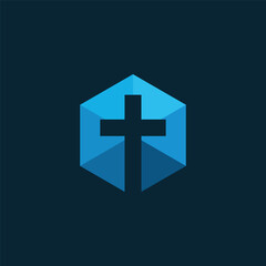 Obraz premium Minimalist geometric cross icon within a blue hexagonal shape, representing faith, spirituality, and divine principles with a modern and abstract design aesthetic, perfect for religious organizations