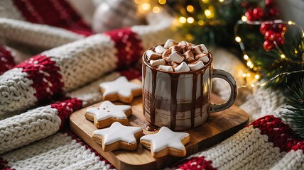 Cozy christmas scene with a steaming mug of hot chocolate topped with marshmallows and star shaped cookies