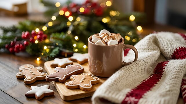Cozy christmas scene with a mug of hot chocolate topped with marshmallows next to gingerbread cookies and a warm knitted blanket