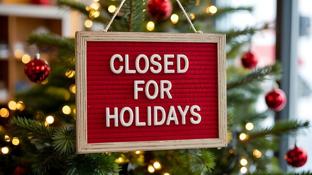 A festive red letter board sign announcing closed for holidays hangs on a decorated christmas tree with warm bokeh lights - Powered by Adobe
