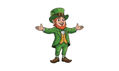 Charming cartoon leprechaun character in a green suit and top hat with arms open, isolated on a white background