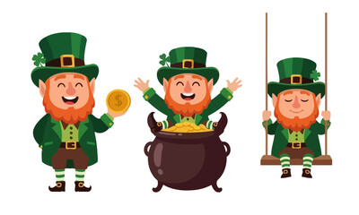 Leprechaun Illustrations Three Cartoon Leprechauns with Gold and a Pot of Gold
