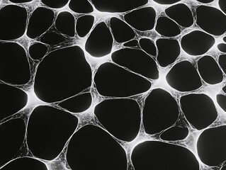 High-resolution black and white cellular structure pattern on dark background. Abstract scientific visualization for biology education, modern art, or design projects.