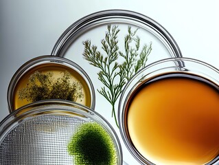 Top view macro shot of petri dishes with organic materials: green moss, brown liquid, silver mesh, and yellow glass on white background. Natural lighting with soft colors, ideal for scientific,