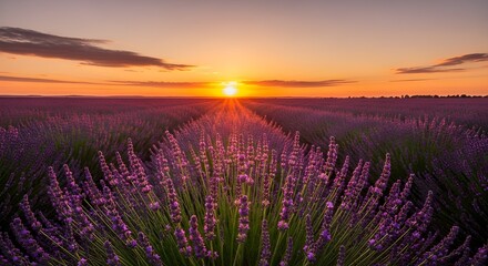 Fototapeta premium Golden sunset over a vast lavender field