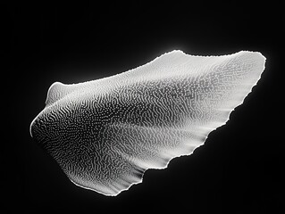Minimalist black and white photograph of a glass sculpture with organic shape resembling a sea creature wing, delicate scales on surface, floating against solid black background. Hyper-realistic 