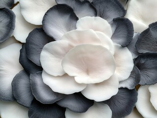 Close-up of white, grey, and black oyster mushroom scales with intricate texture, arranged on oak table under soft lighting. Ideal for modern kitchen decor, artistic backgrounds, culinary photography,