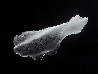Hyper-realistic minimalist photograph of an organic, sea-creature wing shape crafted from glass with delicate scales, floating against a solid black background. Ideal for decorative art, scientific 