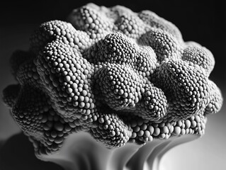 Close-up macro of organic shape composed of spheres, resembling broccoli or mushroom texture, with intricate patterns highlighted by soft lighting against dark background. Monochrome photography ideal