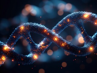 Digital render of an abstract DNA model glowing with bioluminescent light against a dark background, showcasing detailed double helix structure with soft bokeh effect. Ideal for scientific 