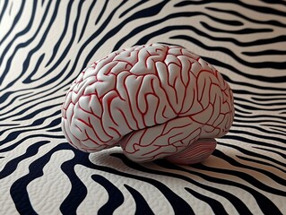 Realistic human brain model with prominent red veins, displayed against a contrasting black and white zebra pattern background. Shot in natural light, ideal for medical education, neuroscience, 