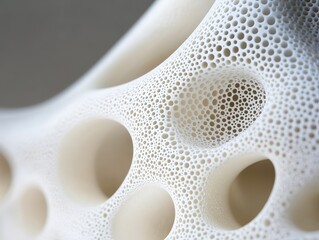 Close-up of an organically shaped white plastic object surface, featuring geometric circular hole patterns and fine texture details in sharp focus. Ideal for industrial design, material study, 