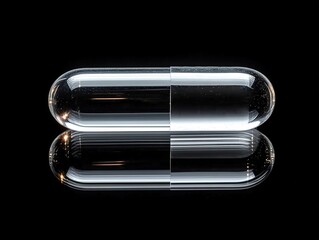 Transparent glass pill capsule floating on a black background with smooth glossy surface and soft light reflections, no internal refractions. Ideal for healthcare, product advertisement, or technology