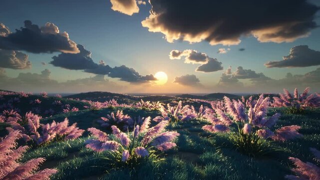 A picturesque landscape featuring vibrant pink flowers under a dramatic sky at sunset, with light reflecting on the horizon