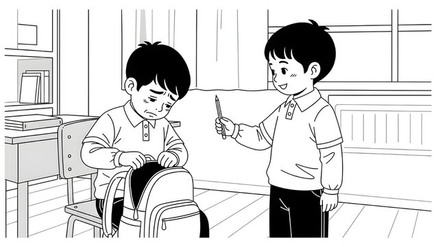 Kind student helping sad classmate at school with a pencil gift