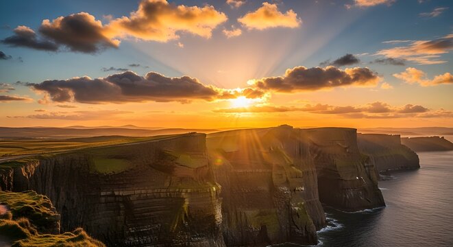 Dramatic sunset over rugged coastal cliffs - Powered by Adobe