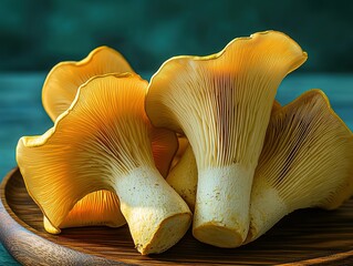 Close-up of fresh yellow oyster mushrooms on a wooden plate against a dark blue-green background, highlighting vibrant color and delicate texture with soft studio lighting and shadows. Ideal for food 