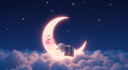 A delightful dreamscape featuring a serene crescent moon embracing a sleeping lamb on fluffy