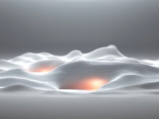White 3D abstract terrain landscape with soft light illuminating undulating hills and textured valleys, minimalist futuristic design style, suitable for technology, concept art, and background use
