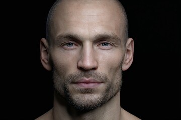 Bald man with serious expression against black background