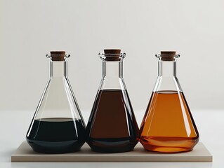 Minimalist product shot of three flasks with black, brown, and transparent liquids on table in perspective view, hyper-realistic Octane render with studio lighting, ideal for advertising and tech back