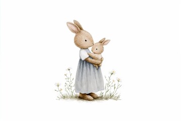 Mother rabbit hugging baby in watercolor style
