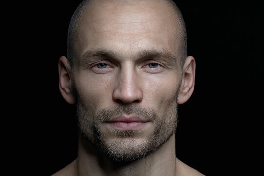 Bald man with serious expression against black background