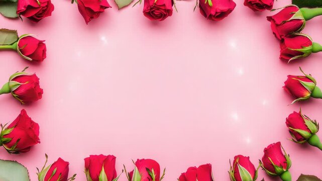 Video A bouquet of red roses is arranged in a circular pattern on a soft pink background, perfect for romantic occasions or special events