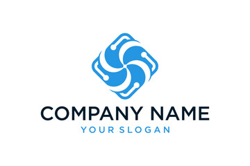 Blue Abstract Technology Network Logo Design with Swirling Connected Elements