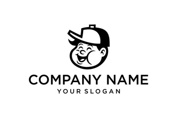 Happy Laughing Cartoon Boy Mascot with Backward Baseball Cap Logo Design